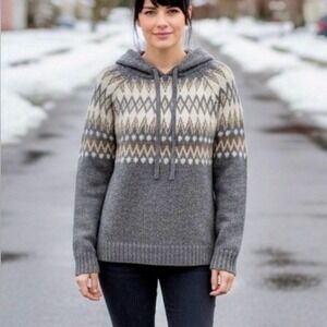 Frye Gray Cream Fair Isle Scandi Hooded Sweater Womens XL